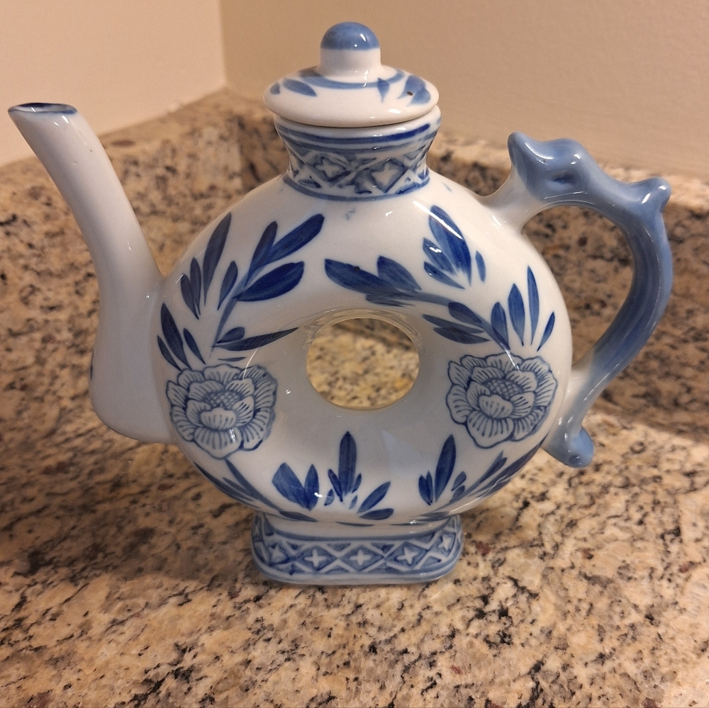 Unique Vintage Doughnut Shaped Teapot~Chinoiserie~Dragon Handle~Floral~Asian